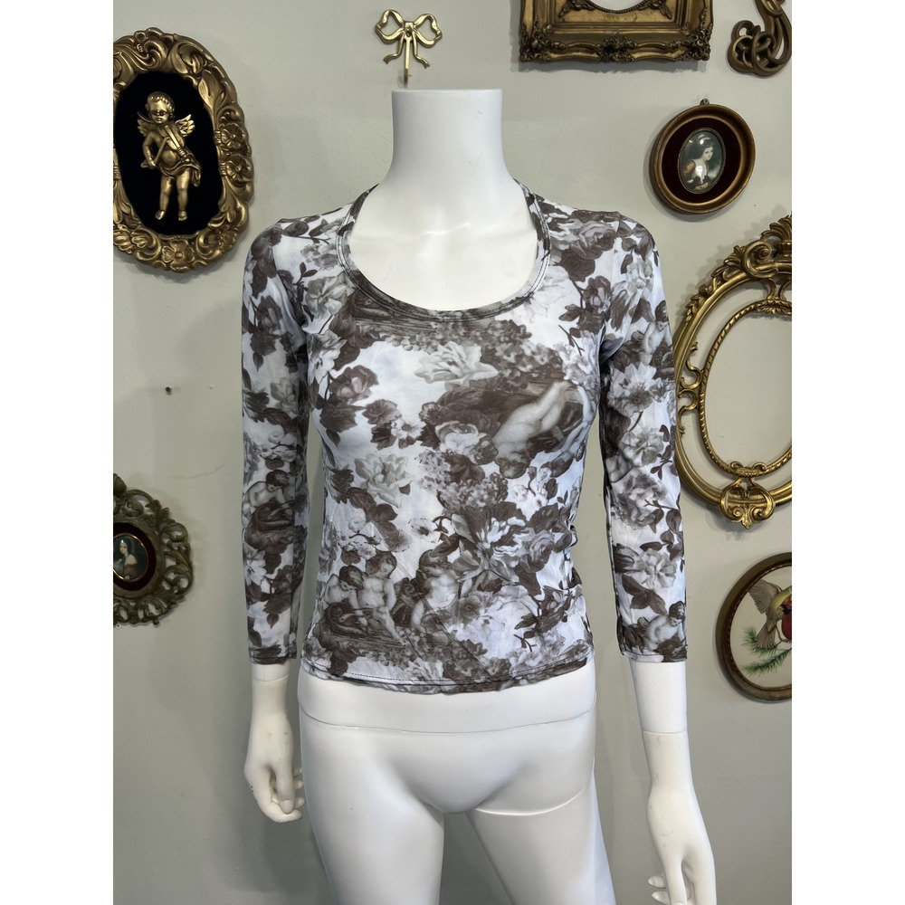 Cheryl Creations Vintage Brown White Floral Cherub Print Long Sleeve Top Size S